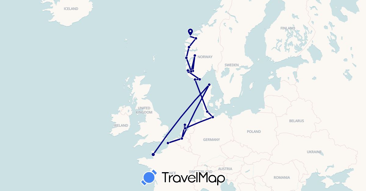 TravelMap itinerary: driving in Belgium, Germany, Denmark, France, Netherlands, Norway (Europe)